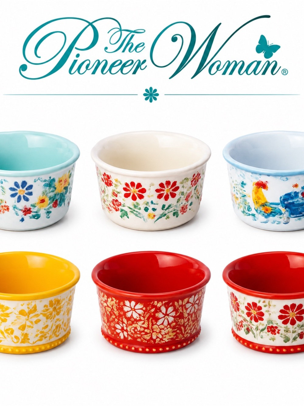 The Pioneer Woman 6 Pc. Ramekin Set Assorted Floral Patterns Stoneware Oven Safe
